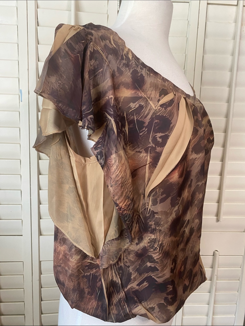Covington Brown Leopard Print Sheer Flutter Sleeve Blouse - Picture 3 of 4